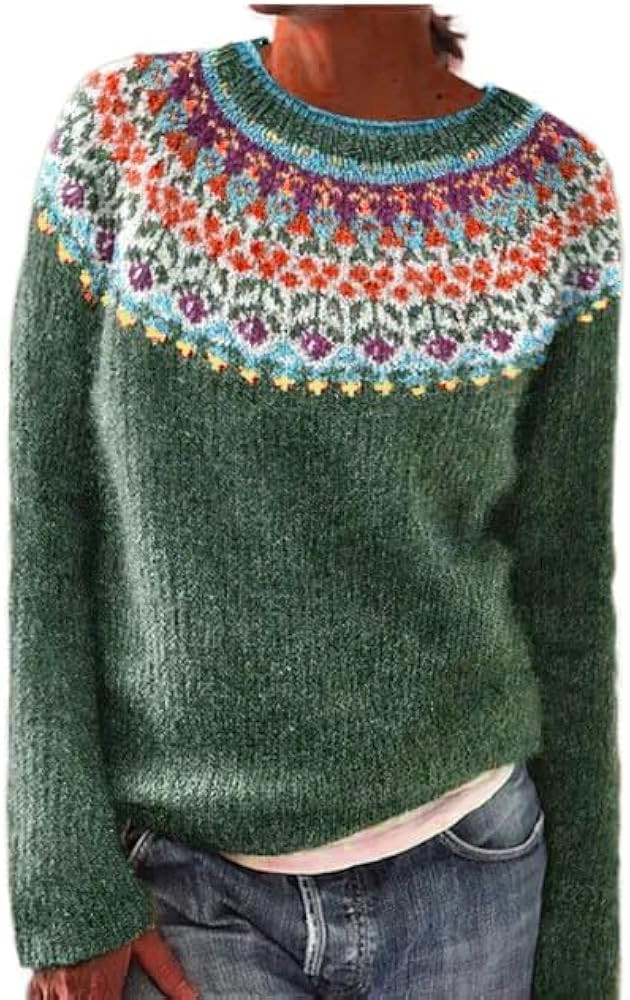 Fair Isle Sweater Women Plus Size Vintage Long Sleeve Crewneck Sweater Fair Isle Knit Pullover Sw... | Amazon (US)