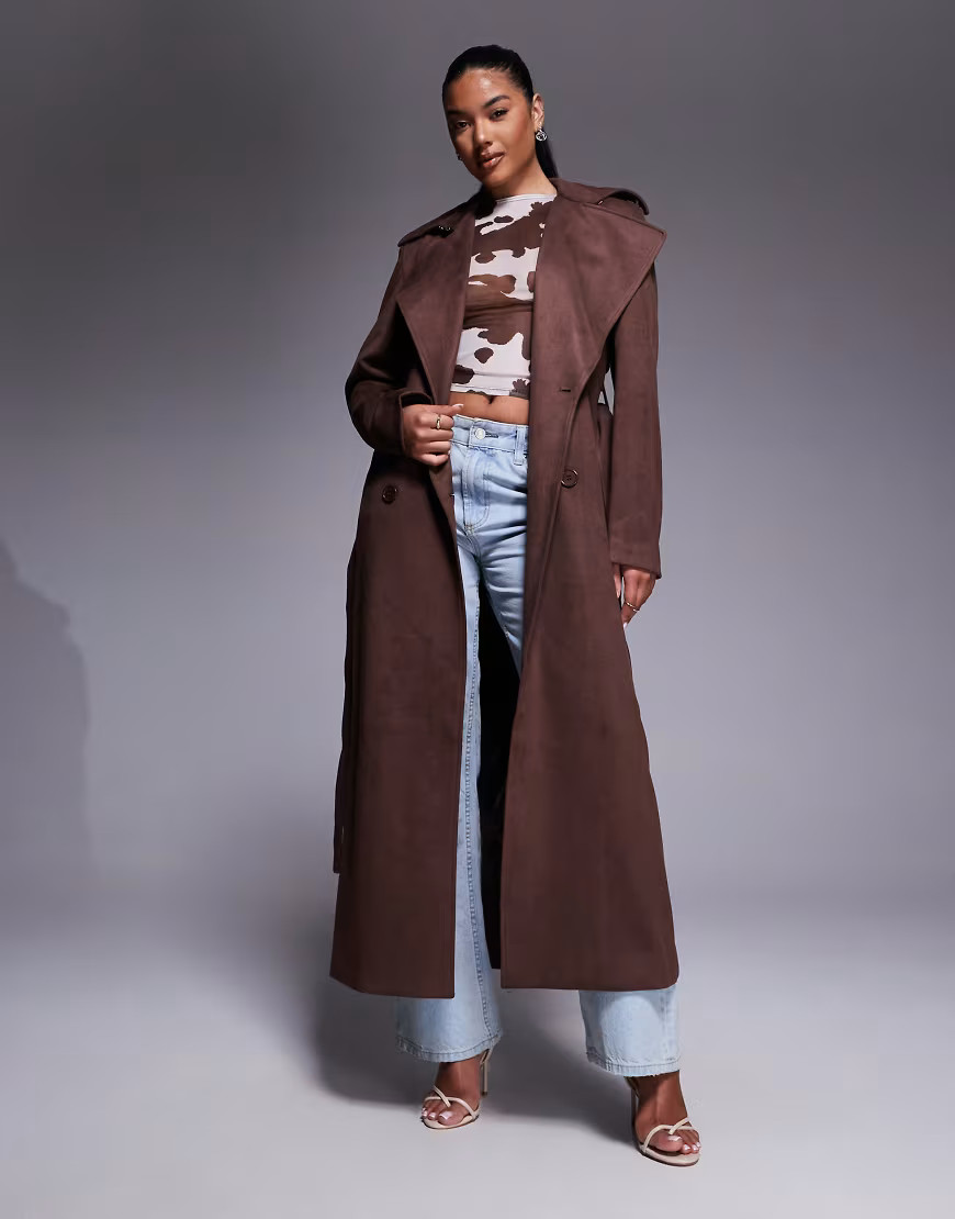 Bardot Kira faux suede trench coat in chocolate-Brown | ASOS (Global)