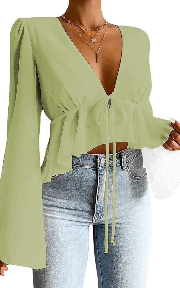 Hilinker Women's Deep V Neck Long Sleeve Crop Top Chiffon Ruffle Hem Blouse Shirt | Amazon (US)