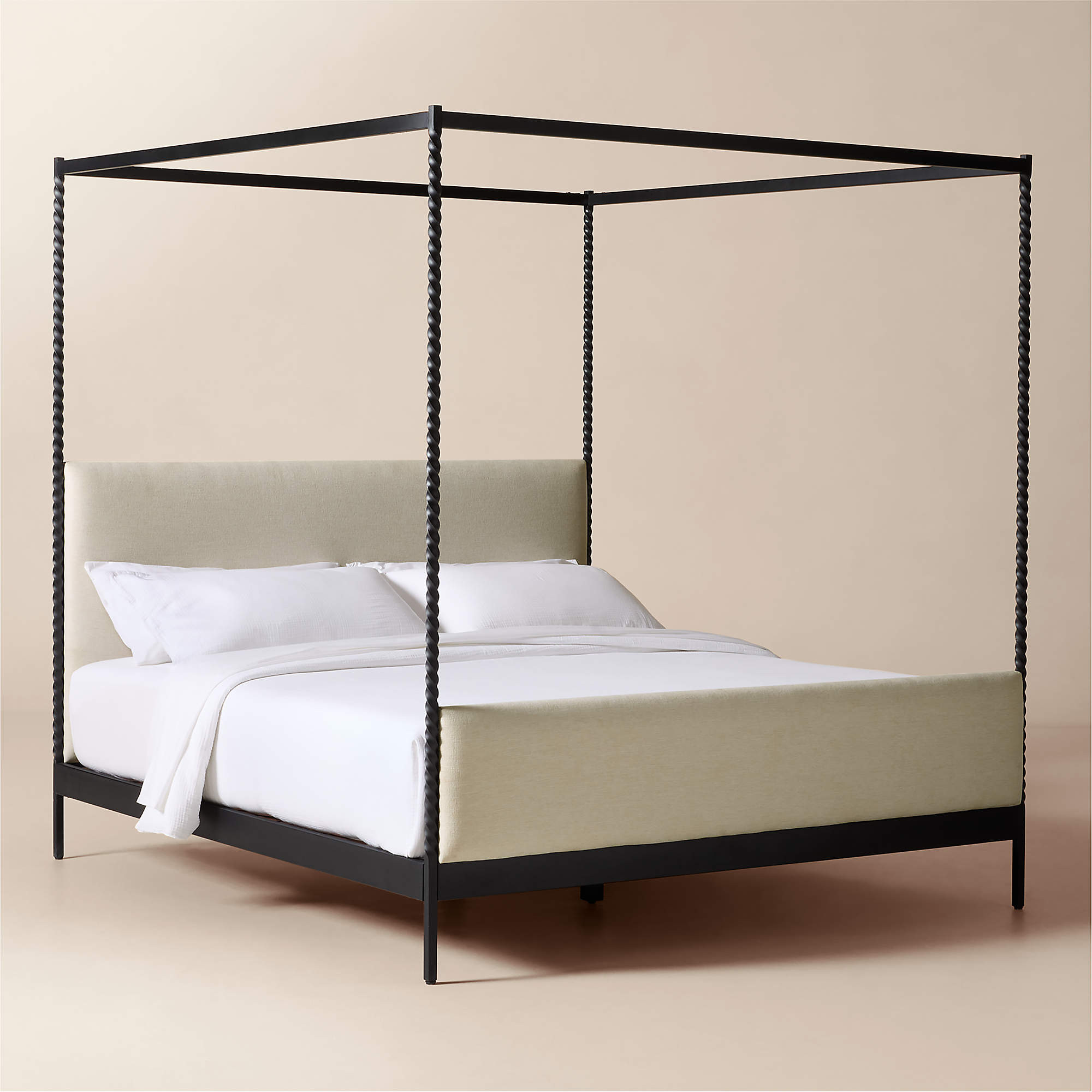 Amani Hand-Forged Steel Framed Warm White Upholstered Canopy King Bed | CB2 | CB2