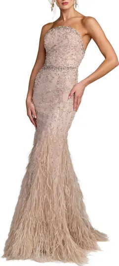 Mac Duggal Strapless Beaded Net Trumpet Gown With Feathers | Nordstrom | Nordstrom
