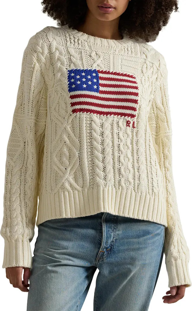 Aran Stitch American Flag Cotton Crewneck Sweater | Nordstrom