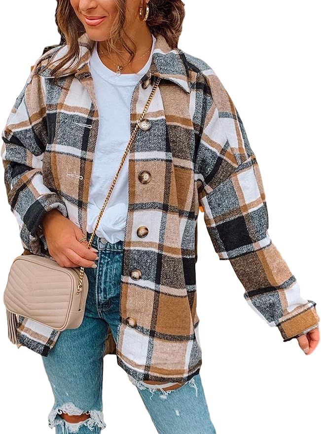 Yeokou Women's Casual Woolen Long Sleeve Button Down Plaid Shacket Shirt Jacket Tops | Amazon (US)