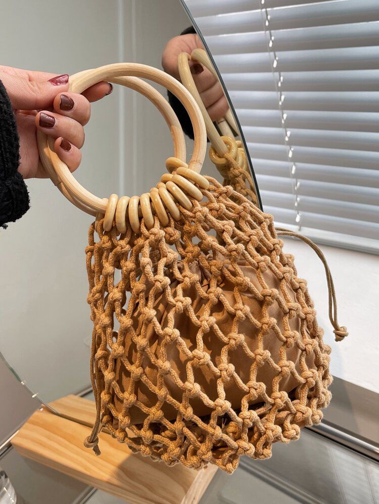 Mini Top Ring Drawstring Decor Straw Bag | SHEIN