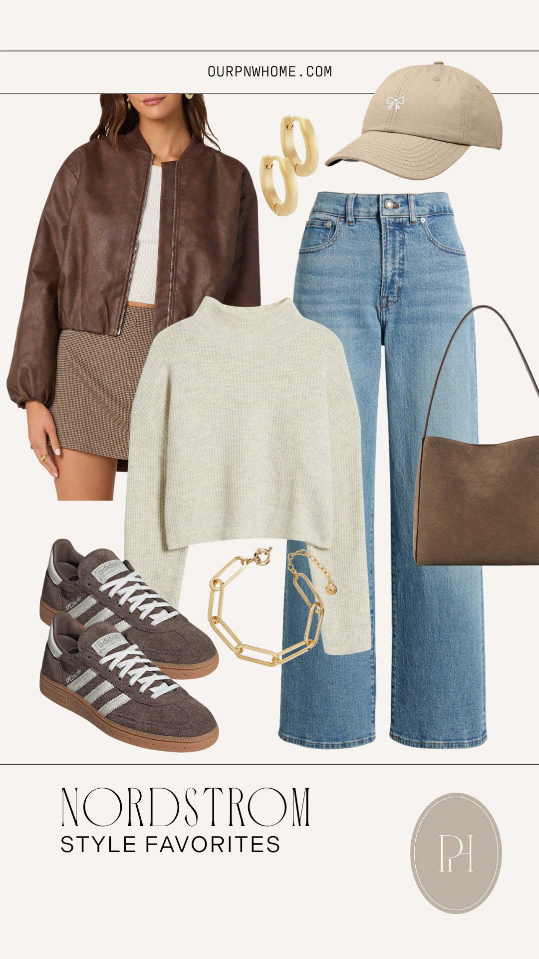 Cute and casual look with these Nordstrom finds!

Fall fashion, fall looks, fall style, fall outfit, wide leg jeans, flared jeans, mock turtleneck sweater, cream sweater, off-white sweater, fall sweater, brown bomber jacket, suede bomber jacket, suede handbag, brown tote bag, brown Adidas, suede sneakers, trainers, tennis shoes, gold bracelet, link bracelet, gold hoop earrings, bow cap, neutral cap, tan baseball cap, neutral fashion 

 #LTKStyleTip #LTKShoeCrush #LTKItBag