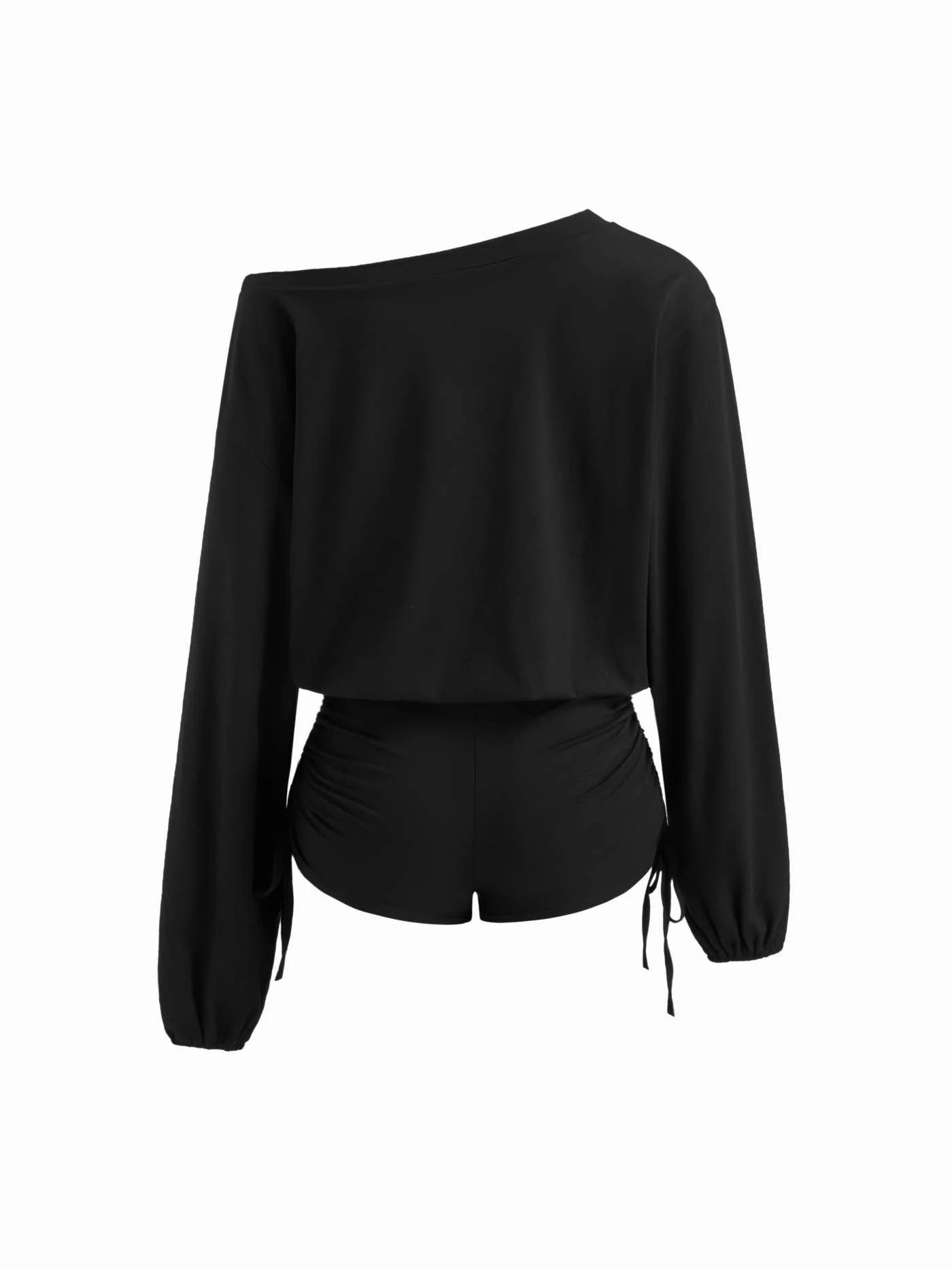 Cotton-blend Asymmetrical Neck Drawstring Romper | Cider
