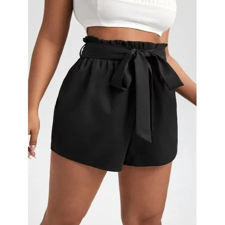 Casual Women s Plus Size Solid Belted Paperbag Shorts S220702X Black | Walmart (US)