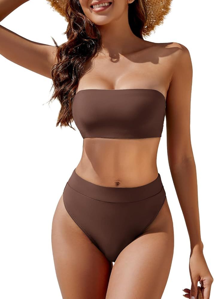 YACUN Women's High Waisted Bikini Swimsuit Two Piece Strapless Bandeau Cheeky Bathing Suits | Amazon (US)