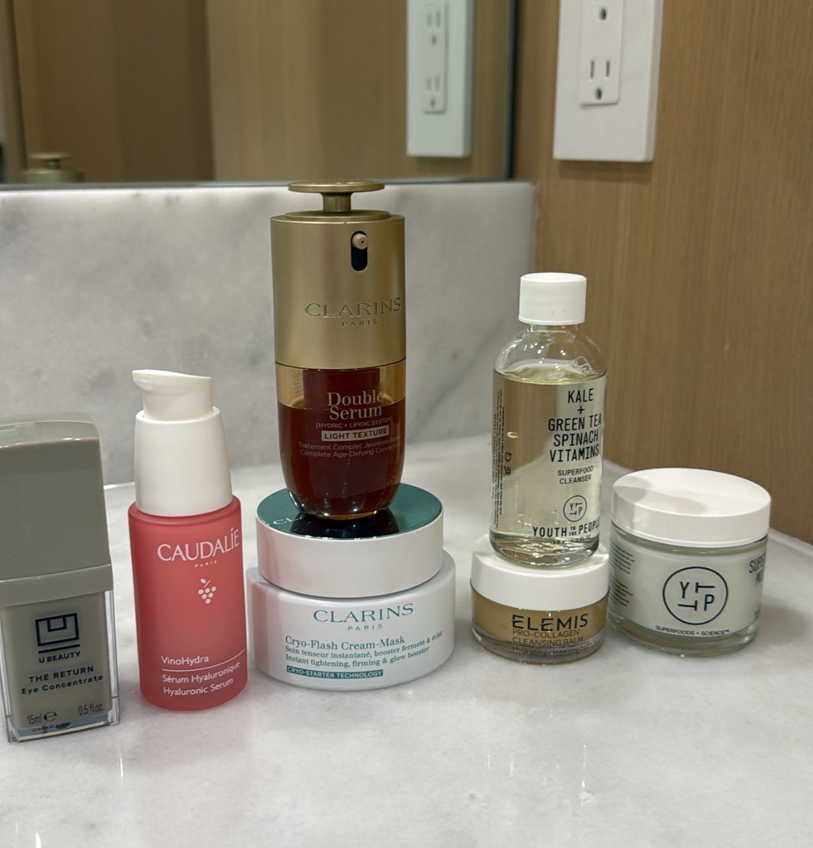 The skincare lineup  I packed for Aspen! 
AM & PM eye cream, daytime combo for skin was Clarins double serum followed by Caudelie HA serum. I used my glass skin mask each morning!
Double cleanse with Elemis to remove makeup up followed by Am & pm cleanser. Moisture cream is SO good at hydrating skin, used this in PM 

#LTKSaleAlert #LTKBeauty