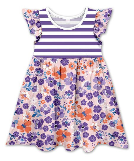 Penelope Plumm Violet & White Floral Stripe Angel-Sleeve A-Line Dress - Toddler & Girls | Zulily