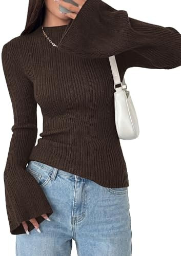 PRETTYGARDEN Womens Bell Long Sleeve Tops Mock Neck Sweaters | Going Out Tops, Slim Fitted, Ribbe... | Amazon (US)
