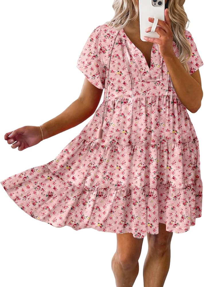Dokotoo Womens Summer Casual Boho Floral Dresses V Neck Short Sleeve Sundresses Flowy Swing A-Lin... | Amazon (US)