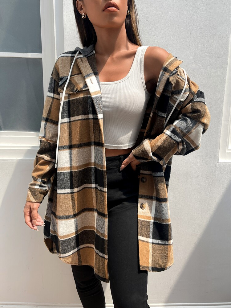 SHEIN Plaid Drop Shoulder Drawstring Hooded Tweed Overcoat | SHEIN