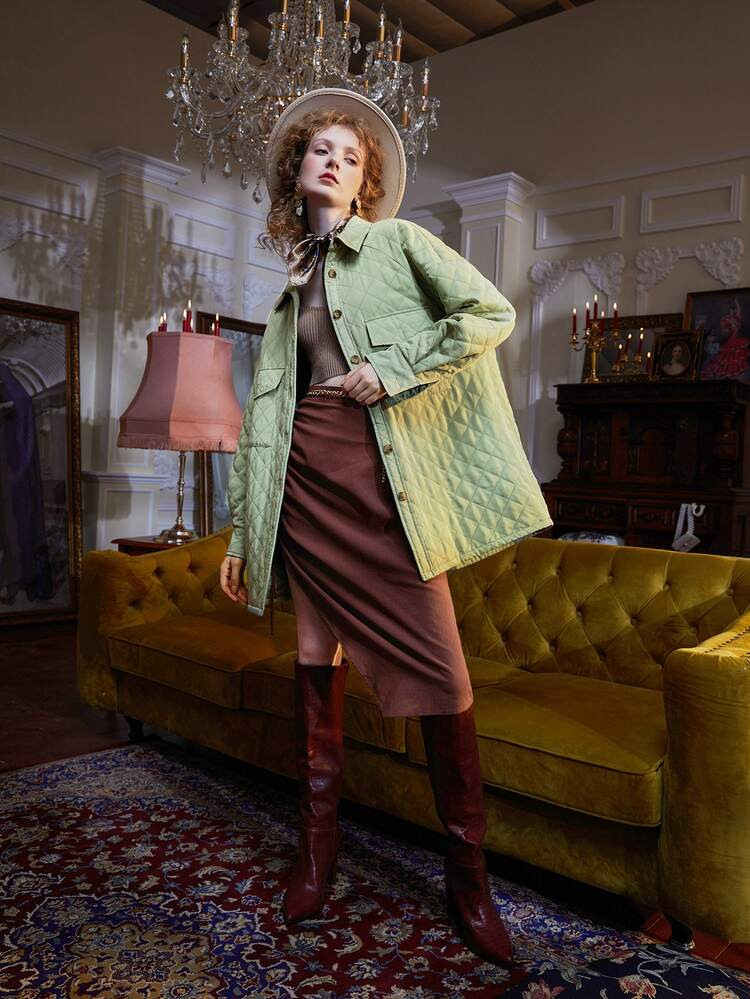 SHEIN X Vivian Rivas Flap Pocket Drop Shoulder Argyle Quilted Coat | SHEIN