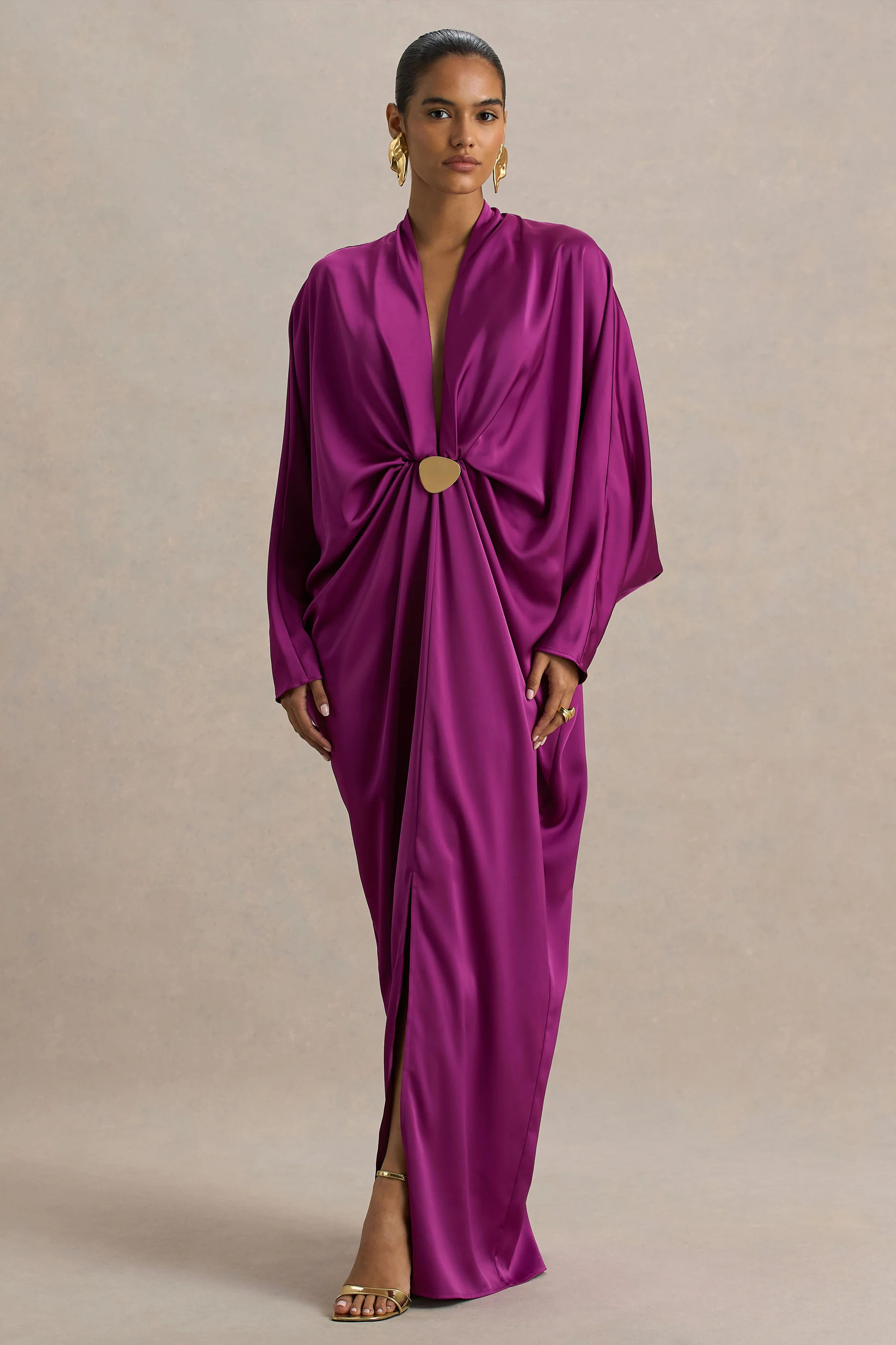 Tina  Pink Satin Plunge-Neck Embellished Maxi Dress | Club L London