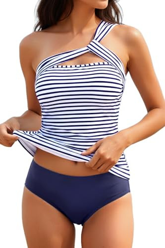 Tempt Me White Blue Stripe Two Piece Tankini Bathing Suits for Women One Shoulder Swim Top with Bottom Plus Size Swimsuits XXL | Amazon (US)