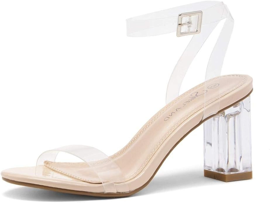 Shoe Land CLLAARY-L Women's Perspex Heel Ankle Strap Adjustable Buckle Lucite Clear Block Chunky ... | Amazon (US)