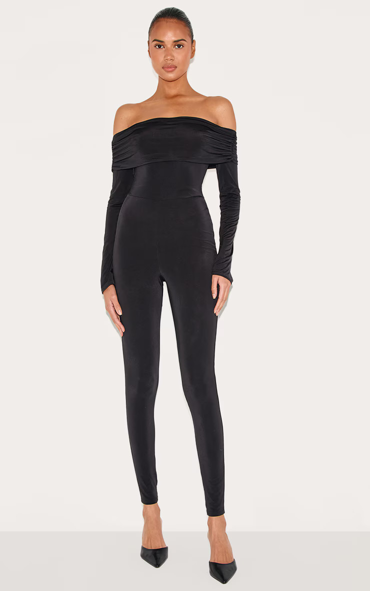 Black Double Layer Slinky Bardot Skinny Jumpsuit | PrettyLittleThing US