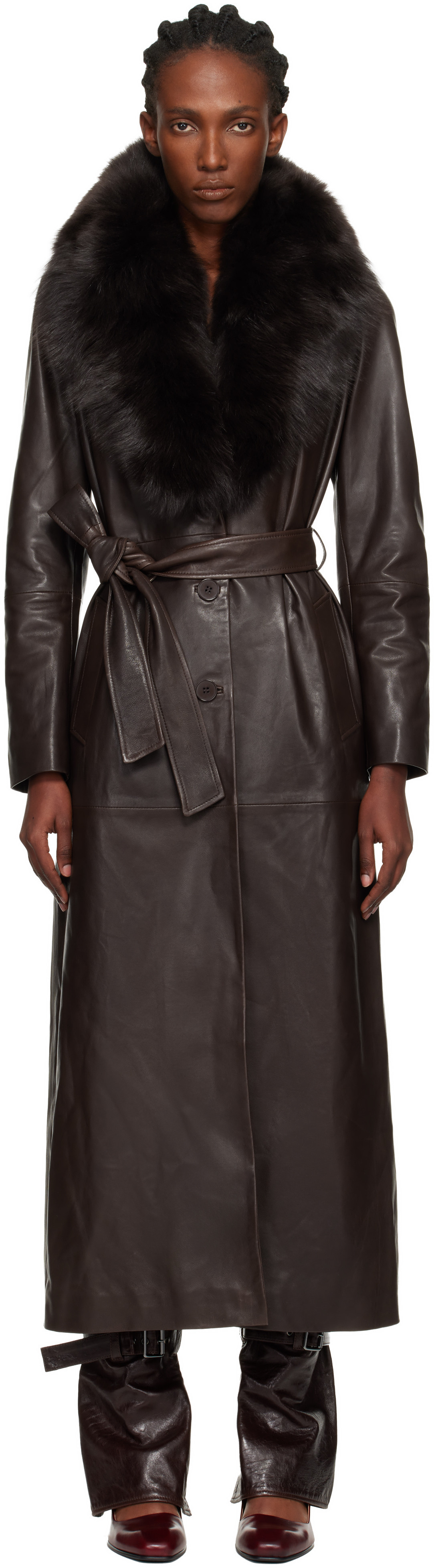 Nour Hammour Brown Dakota Glamorous Leather Coat | SSENSE