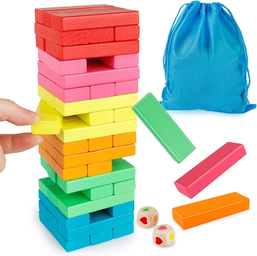 Coogam Wooden Blocks Stacking Game with Storage Bag, Toppling Colorful Tower Building Blocks Bala... | Amazon (US)