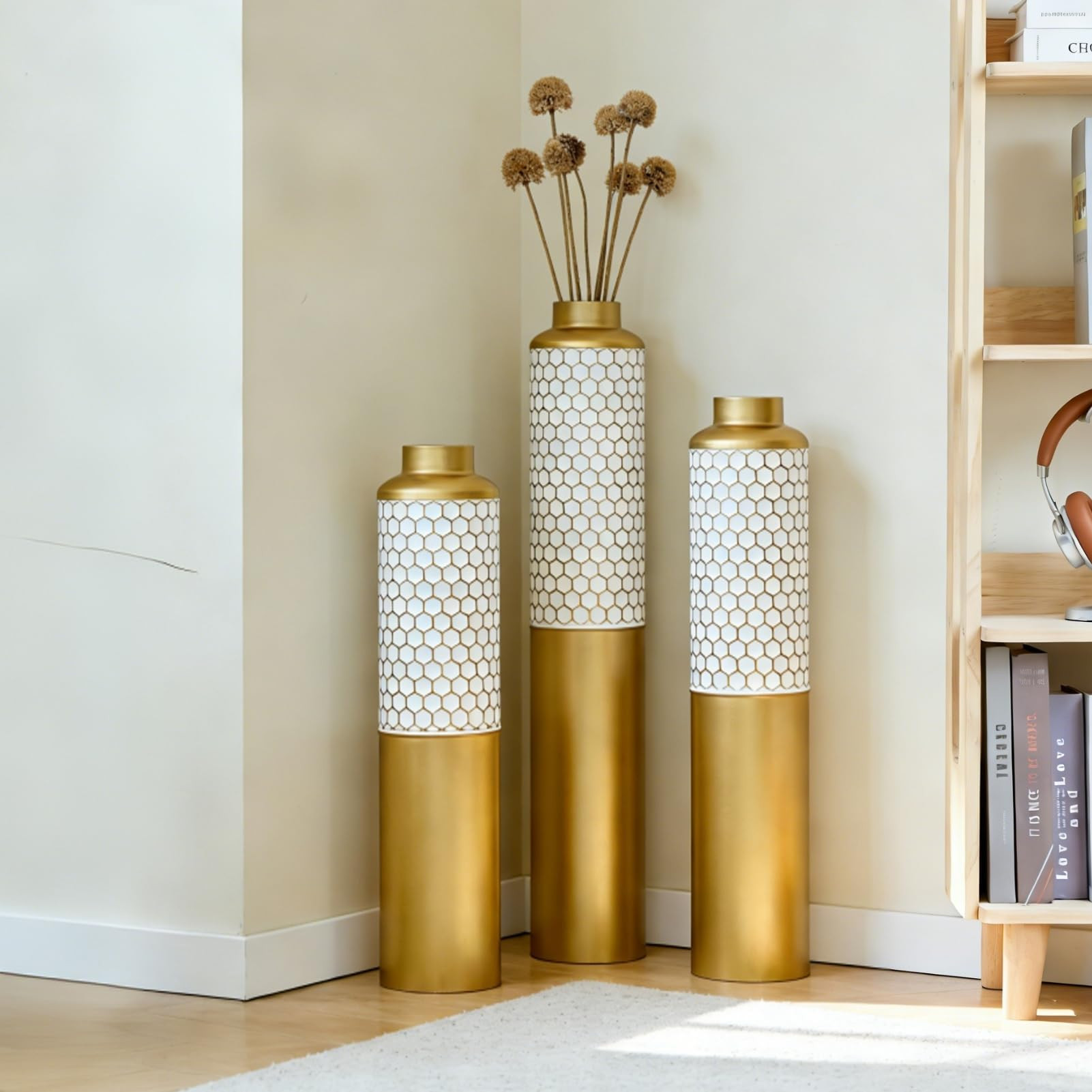 Modern Metal Standing Vase Set of 3, Gold & White Hexagon Pattern Floor Vases，Modern Glam Home ... | Amazon (US)