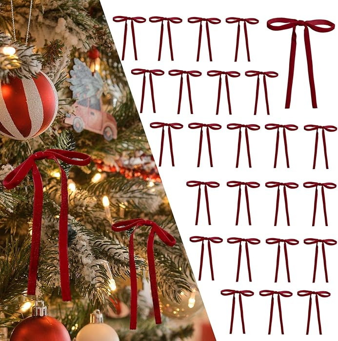 DiliComing Red Velvet Ornaments Christmas Tree Bows - 24 Pcs Red Velvet 5 x 7 Inch Christmas Bows... | Amazon (US)