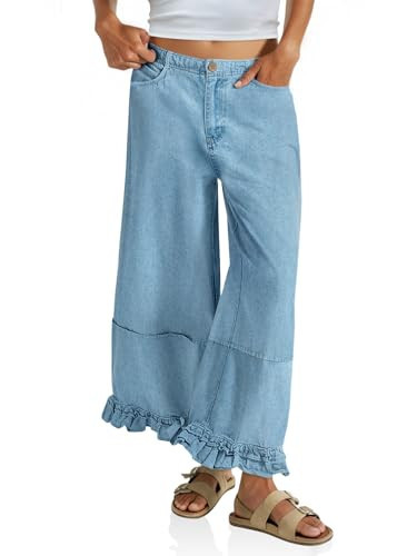 Cicy Bell Womens Ruffle Wide Leg Jeans Cropped Elastic High Waisted Baggy Denim Pants with Pocket... | Amazon (US)