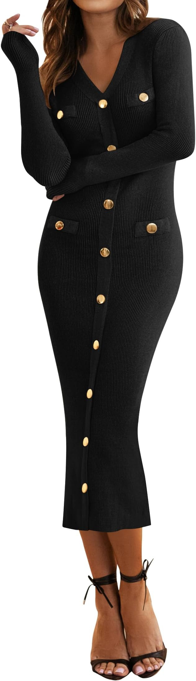 MIROL Women's V-Neck Bodycon Sweater Dress 2024 Fall Long Sleeve Button Down Knit Maxi Dress Eleg... | Amazon (US)