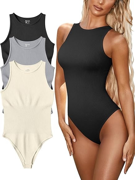 OQQ Women's 3 Piece Bodysuits Sexy Ribbed One Piece Sleeveless Halter Neck Bodysuits | Amazon (US)