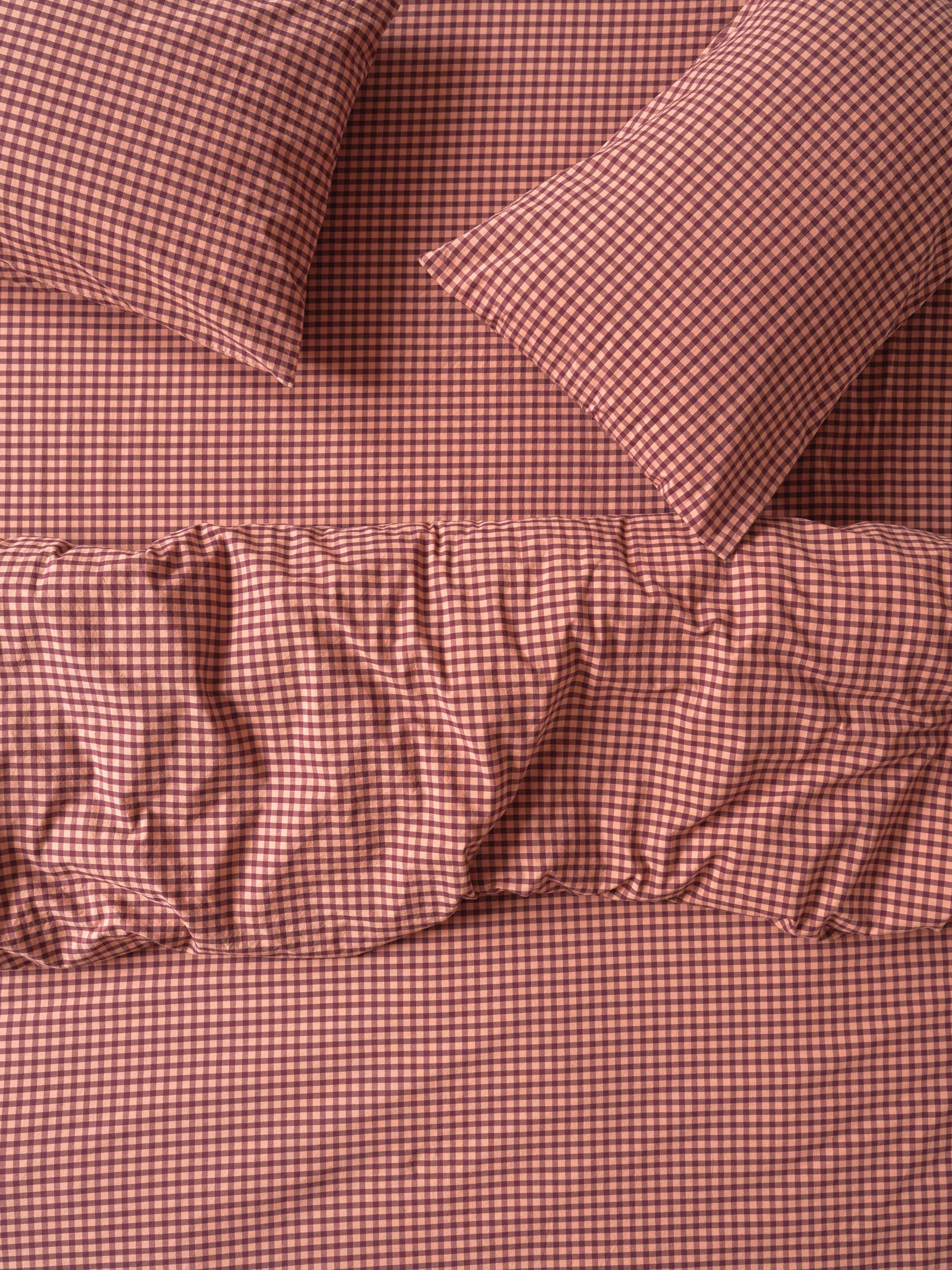 Fig & Blush Pink Gingham Washed Cotton Percale Duvet Cover | Piglet