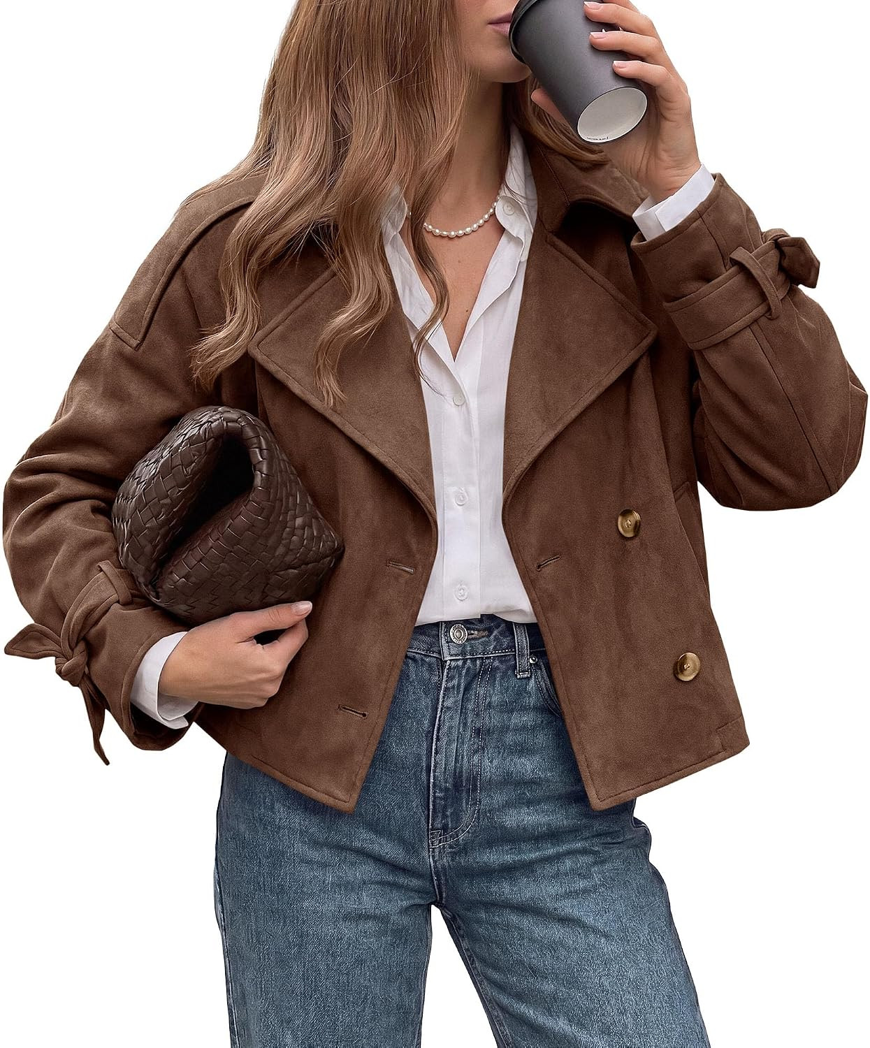 PRETTYGARDEN Women Faux Suede Double Breasted Trench Coat Cropped Jackets | Amazon (US)