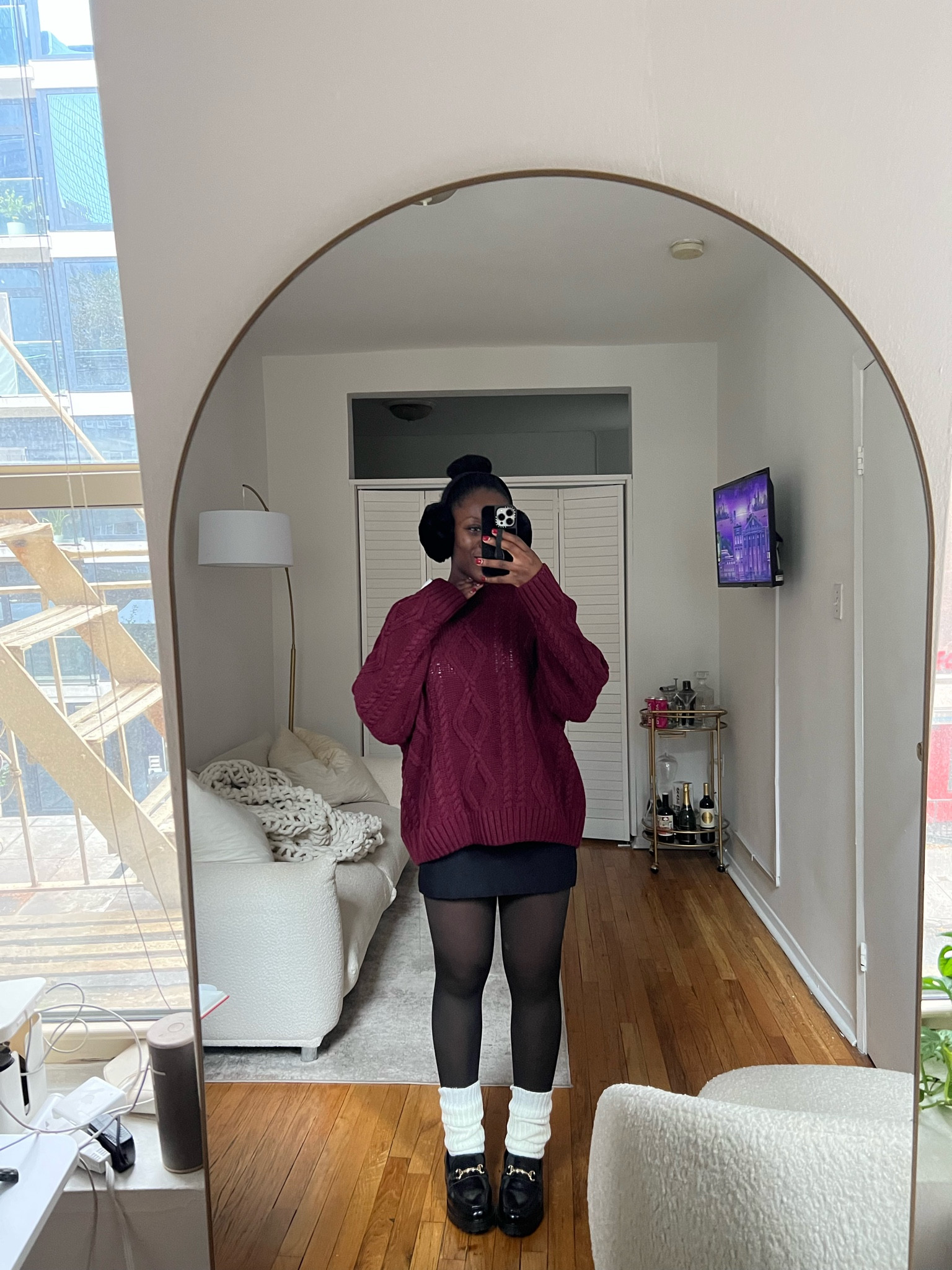 Winter outfit, winter style, winter fashion, cold weather outfit, oversized sweater, mini skirt, fleece lined tights, leg warmers, ear muffs, loafers 

#LTKsalealert #LTKHolidaySale #LTKGiftGuide