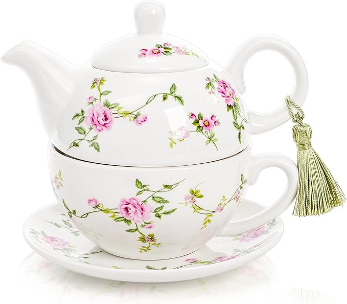 Coloch Tea for One Set, Porcelain Teapot Cup and Saucer Set with Tassel Vintage Floral Ceramic Te... | Amazon (US)