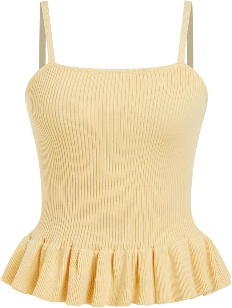 CIDER Striped Peplum Crop Tank Tops for Women Sleeveless Square Neck Ruffle Knit Tops Summer Vaca... | Amazon (US)