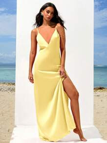 Opulessa Valentine Day 1pc Women's Solid Color Woven V-Neck Sleeveless Maxi Fish Tail Dress,Summe... | SHEIN