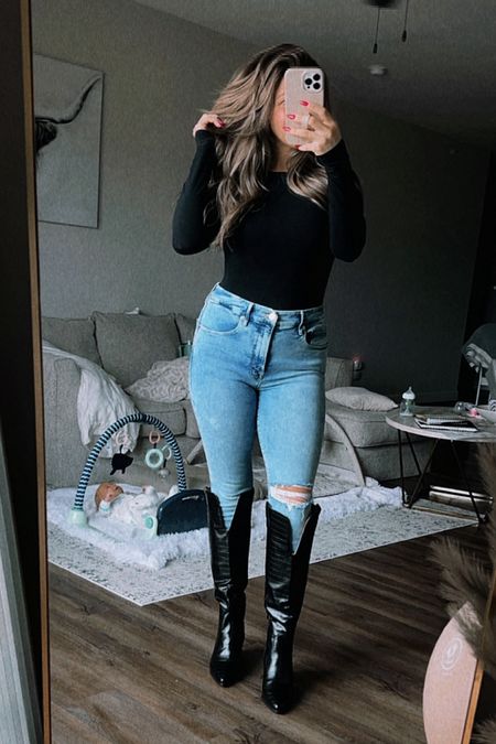 top- small
jeans- 28/6
boots- 7
Black bodysuit, stretch denim good legs jeans, black knee high boots. Date night outfit, girls night outfit.

#LTKshoecrush #LTKstyletip