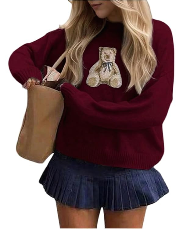 Floerns Women's Bear Long Sleeve Pullover Sweater Cute Crew Neck Knitted Tops | Amazon (US)