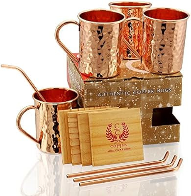 SOLID COPPER MUGS WITH COPPER STRAWS AND PINE WOOD COASTERS - PREMIUM QUALITY -16 Oz Hammered Mug... | Amazon (US)