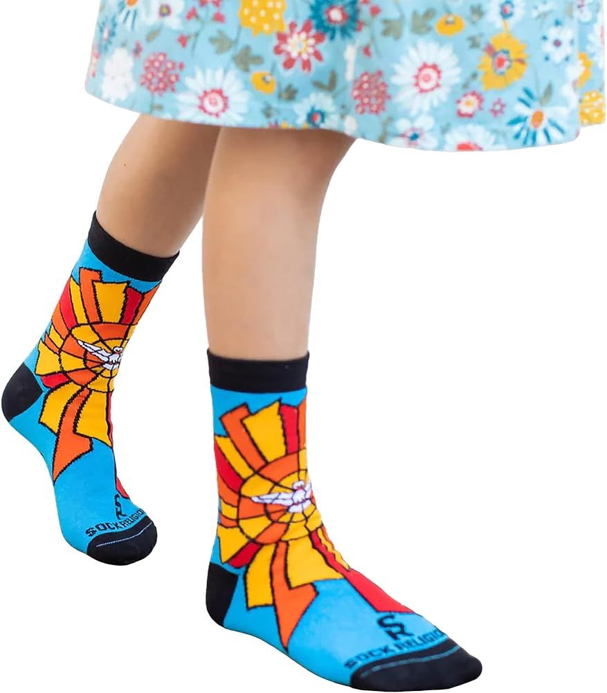 Sock Religious Holy Spirit Stained Glass White Dove Yellow Red Blue Black Trim Boys and Girl's On... | Amazon (US)