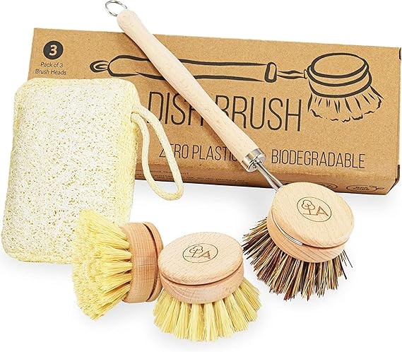 Wooden Dish Brush & Eco Sponge Set - Eco Friendly Cleaning Products - Low-Waste Wooden Dish Washi... | Amazon (US)