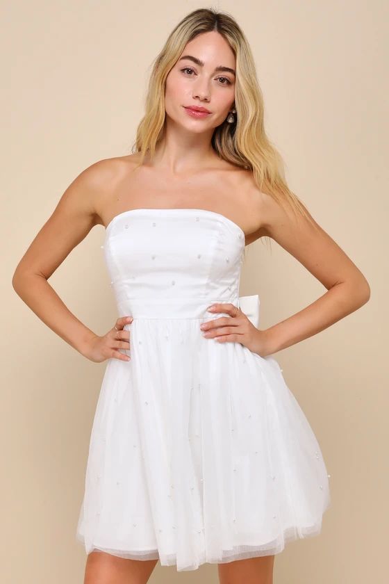 Stunning Time White Tulle Pearl Strapless Bow Mini Dress | Lulus