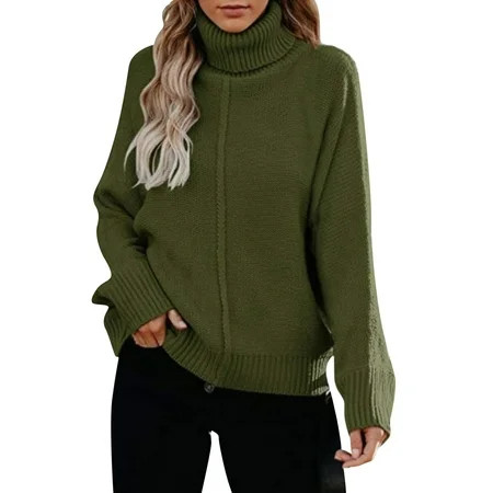 Riforla Women Turtleneck Sweaters Long Sleeve Casual Oversized Pullover Sweater Knit Tops Women s Pullover Sweater Green XL | Walmart (US)
