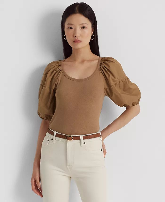 Lauren Ralph Lauren Women's Stretch Cotton Puff-Sleeve T-Shirt - Macy's | Macys (US)