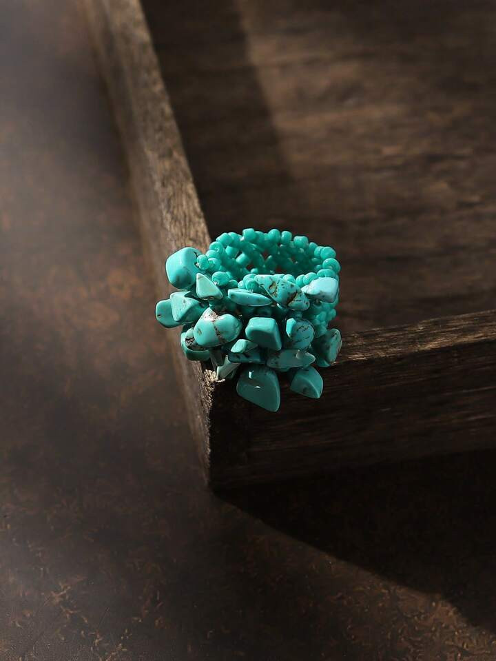 1pc Bohemian Style Elastic Beaded Wide Ring With Natural Stone For Women | SHEIN