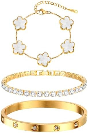 Womens Stackable Floral Gold Bracelets - 3Pcs 18K Gold Plated Bracelet,Stainless Steel Bangle Bra... | Amazon (US)