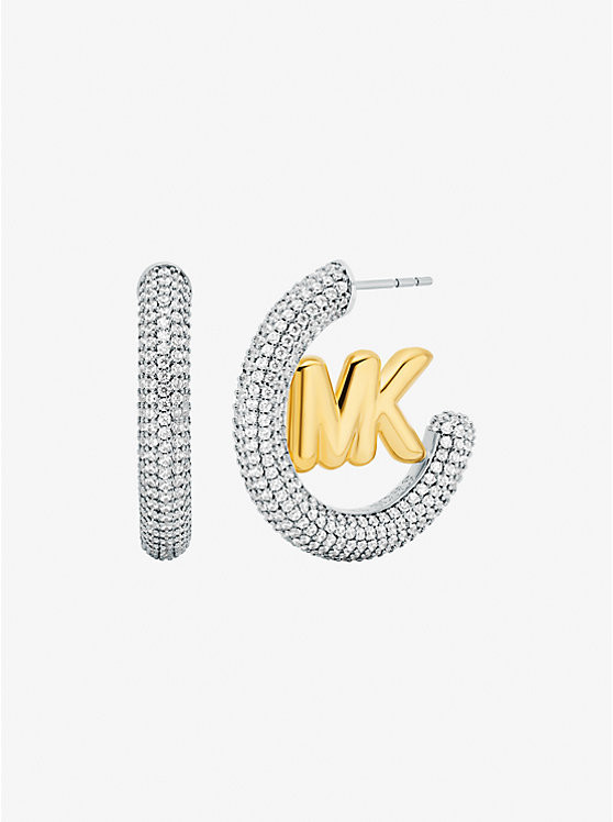 Large Pavé Logo Charm Two-Tone Hoop Earrings | Michael Kors US