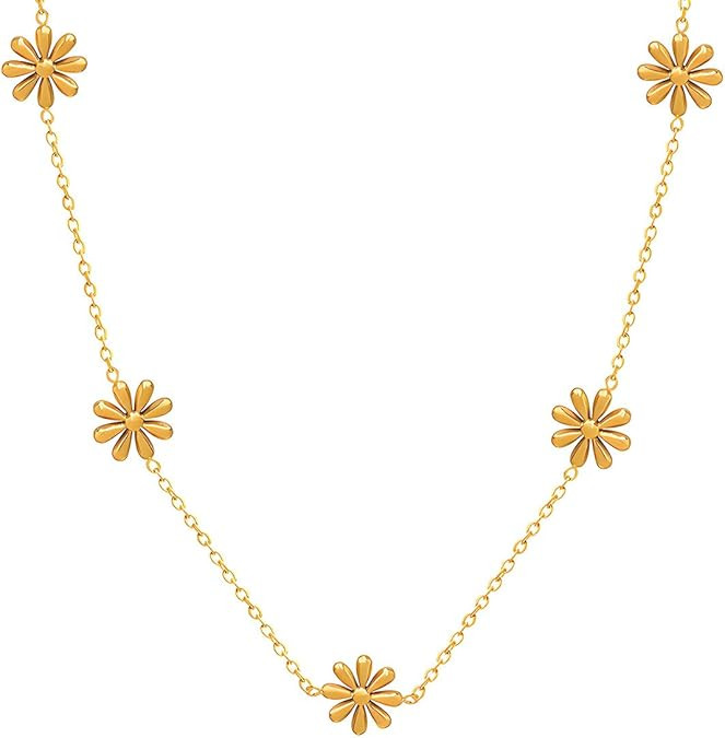 18K Gold Plated Daisy or Gold Ball Station Necklace for Women - Delicate Titanium Steel Non-tarni... | Amazon (US)