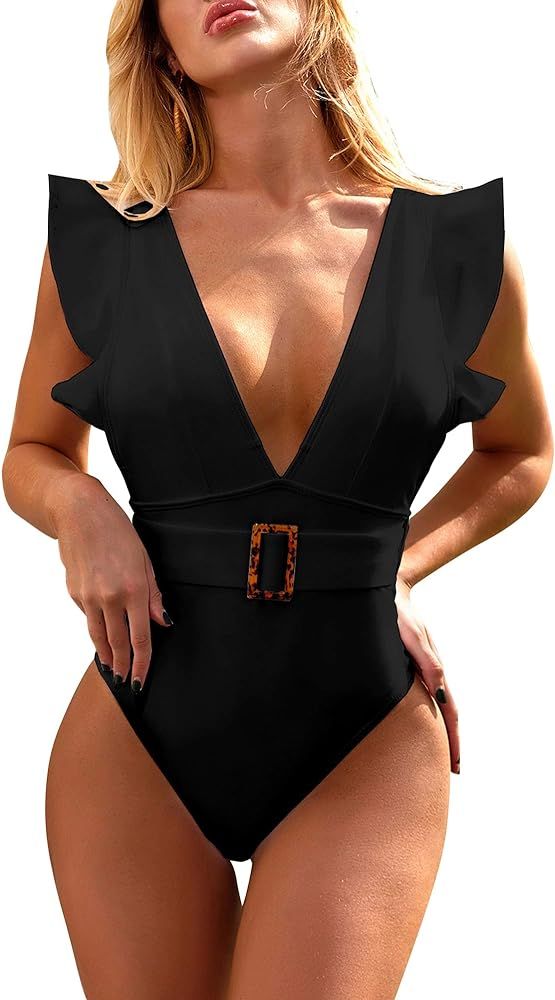 tengweng Women's One Piece Swimsuit Sexy Solid V-Neck Ruffle Bathing Suit Padded Monokini Backless S | Amazon (US)