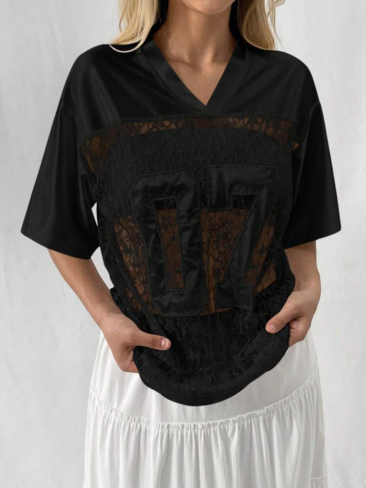 Flirla Women's Black Contrast Lace Satin Embroidered Graphic Short Sleeve T-Shirt For Holiday Par... | SHEIN