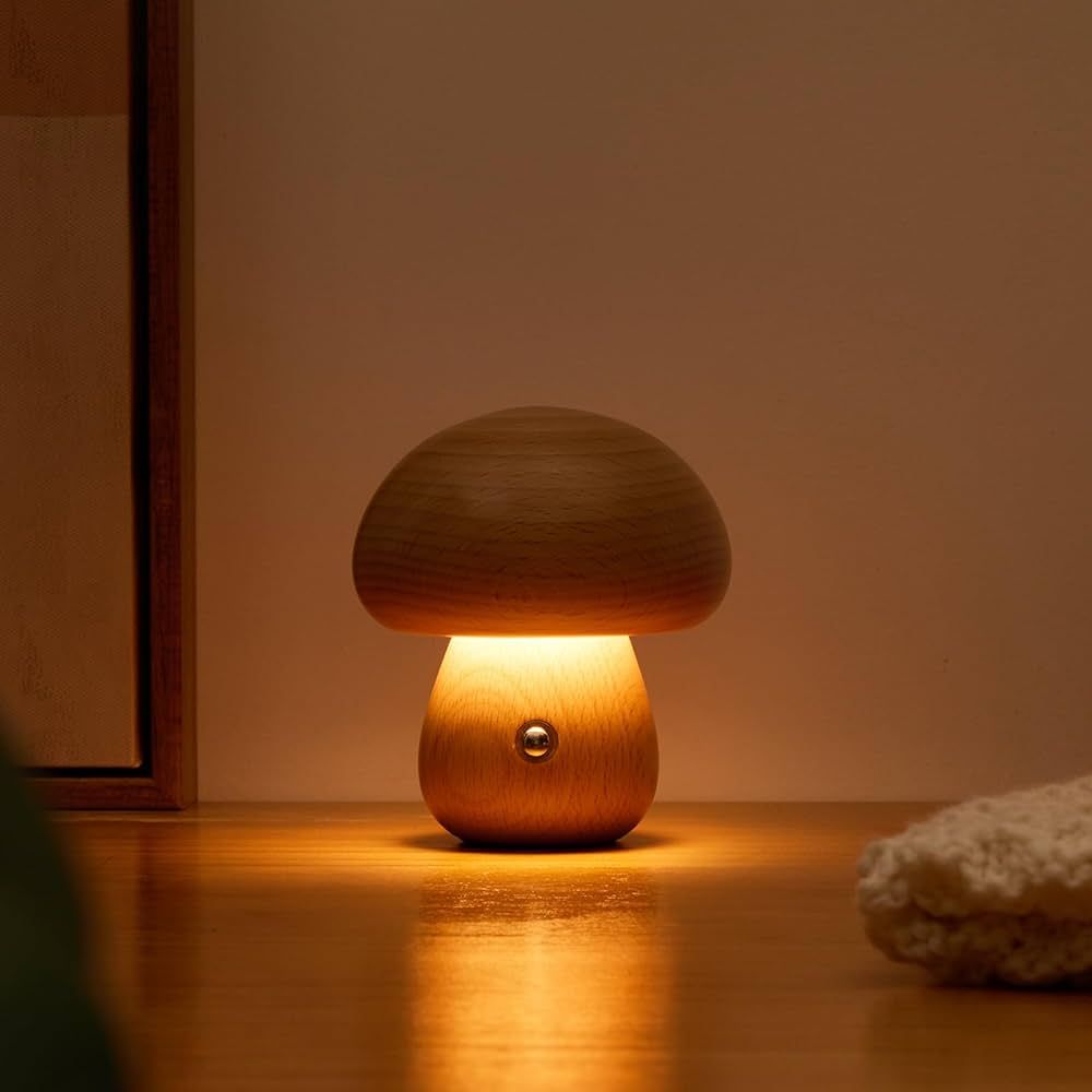 Small Wood Mushroom Lamp, LED Cordless Bedside Touch Lamp, Portable Dimmable Battery Mushroom Lam... | Amazon (US)